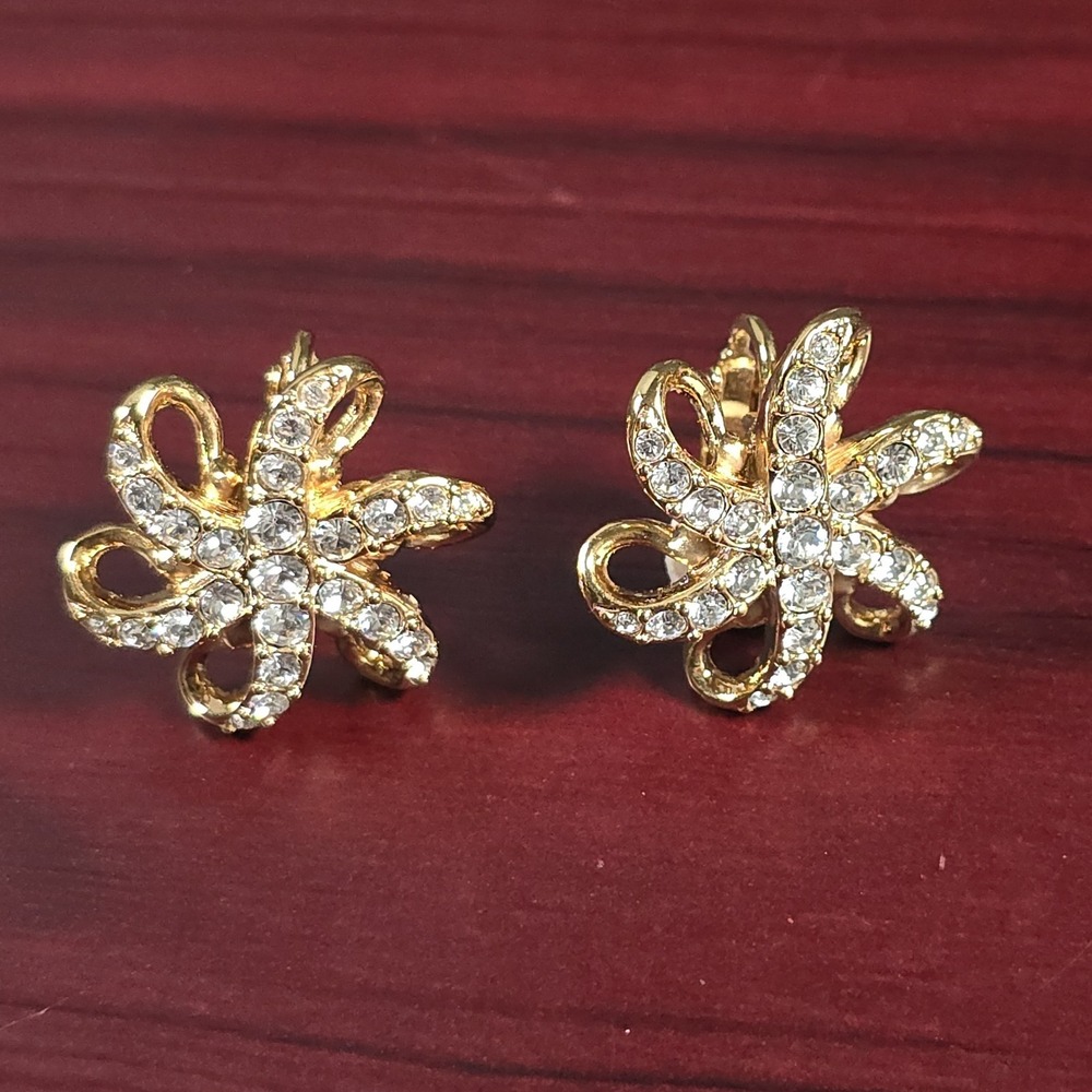 Vintage Swarovski‎ Starfish Clip On Earrings Gold Tone Crystal Rhinestone